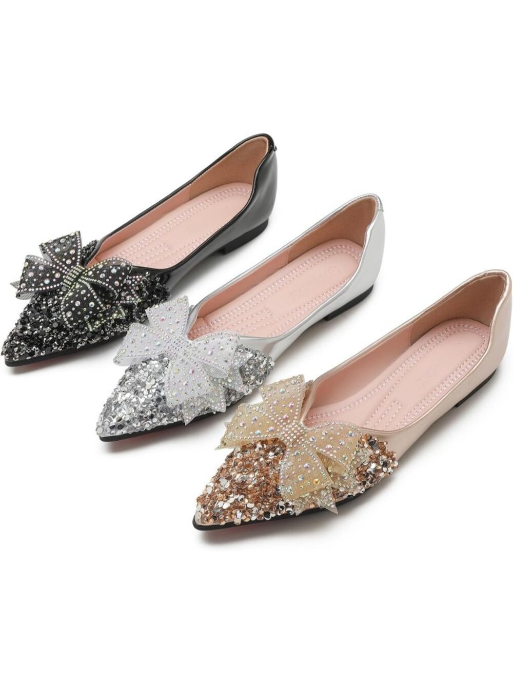 Women's Rhinestone Wedding Gold Flats Comfort Pointed Toe Ballet Flat Shoes - Picture 7 of 7